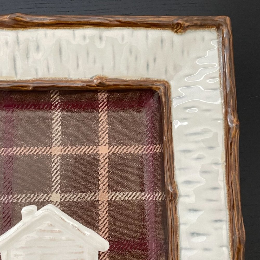Homestudio Lake Cabin Dinner Plate Square Plaid Rustic Embossed Stoneware 11" - Picture 7 of 13